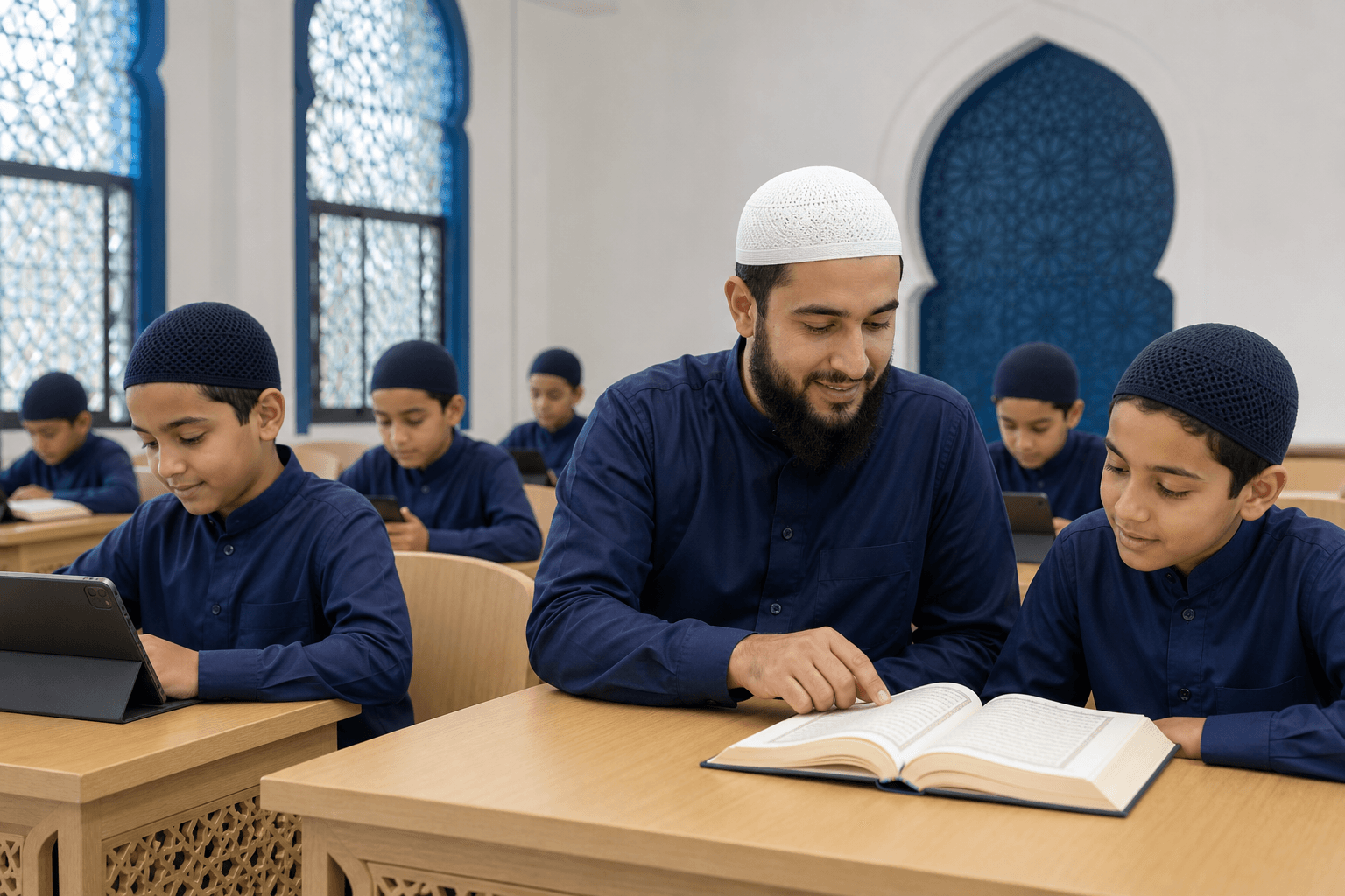 Teacher and students learning Quran in a modern madrasah classroom